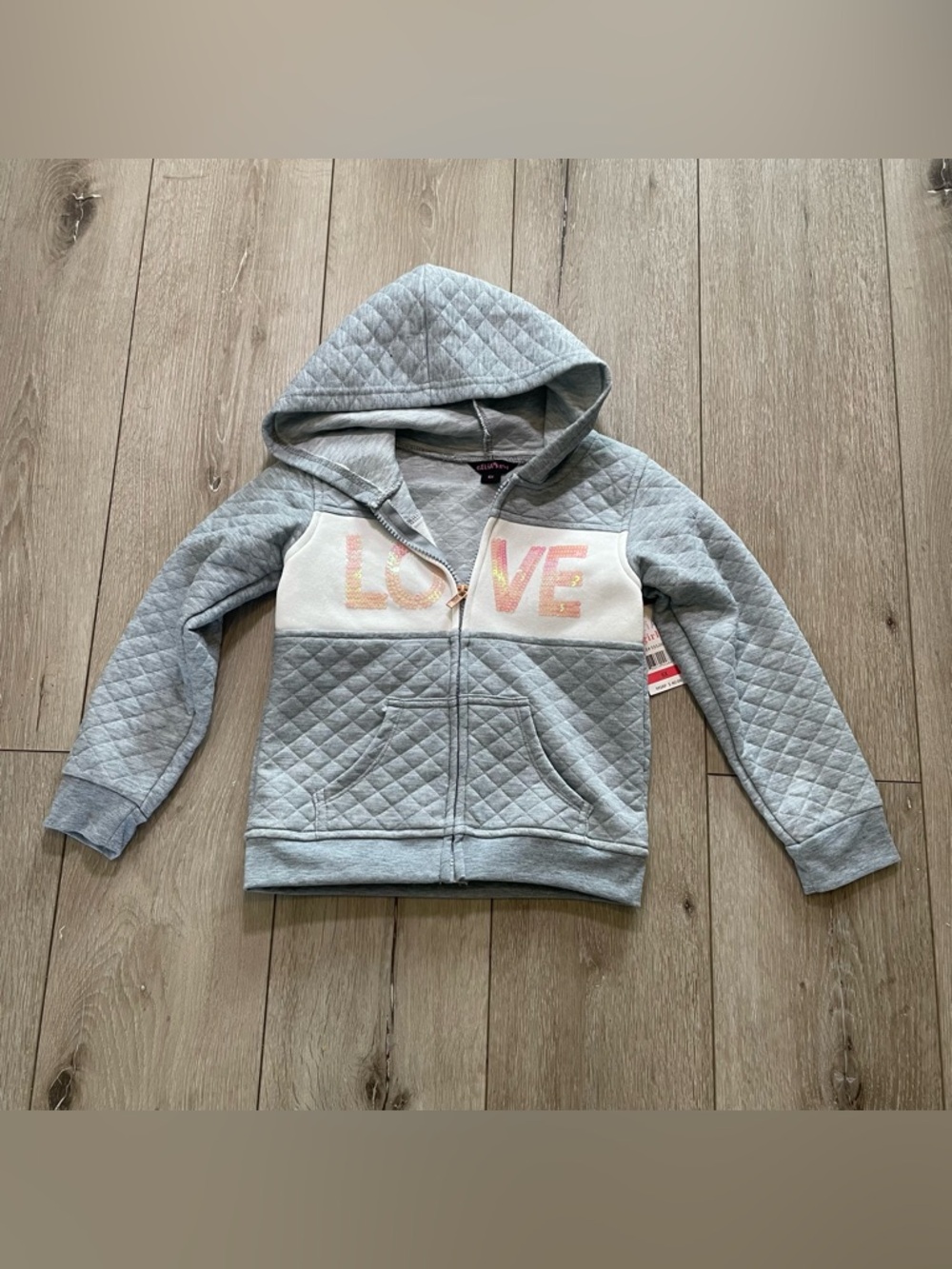 Girls‎ Quilted LOVE Zip-Up Hoodie | Grey & White Colorblock Sequin Jacket 6X